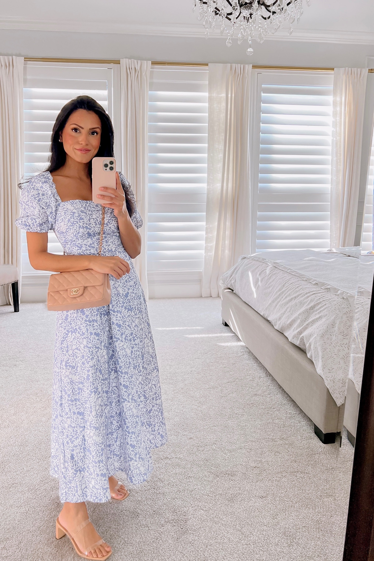 Spring floral dress in the prettiest periwinkle shade. 
Wearing size XS 

Few Moda / Chanel beige flap bag / fashionphile / extra petite 

#LTKstyletip #LTKwedding #LTKunder100