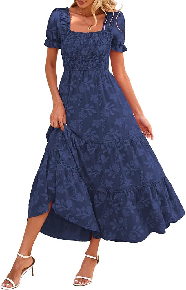 Lazysmile Women's Summer Boho Floral Maxi Dress Short Sleeve Square Neck Smocked Ruffle Elegant W... | Amazon (US)