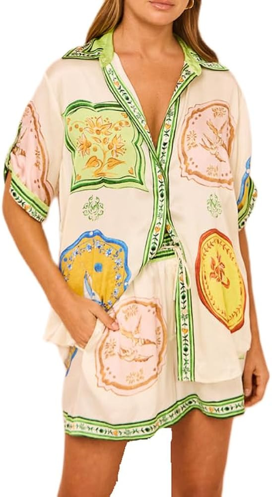 NUFIWI Y2K Women Vintage Graffiti 2 Pieces Shorts Sets Floral Fruit Print Short Sleeve Shirt and ... | Amazon (US)