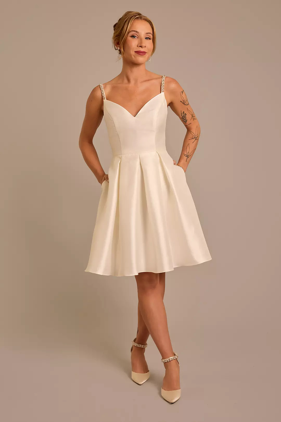 Mikado Short Dress with Crystal Straps | David's Bridal | David's Bridal