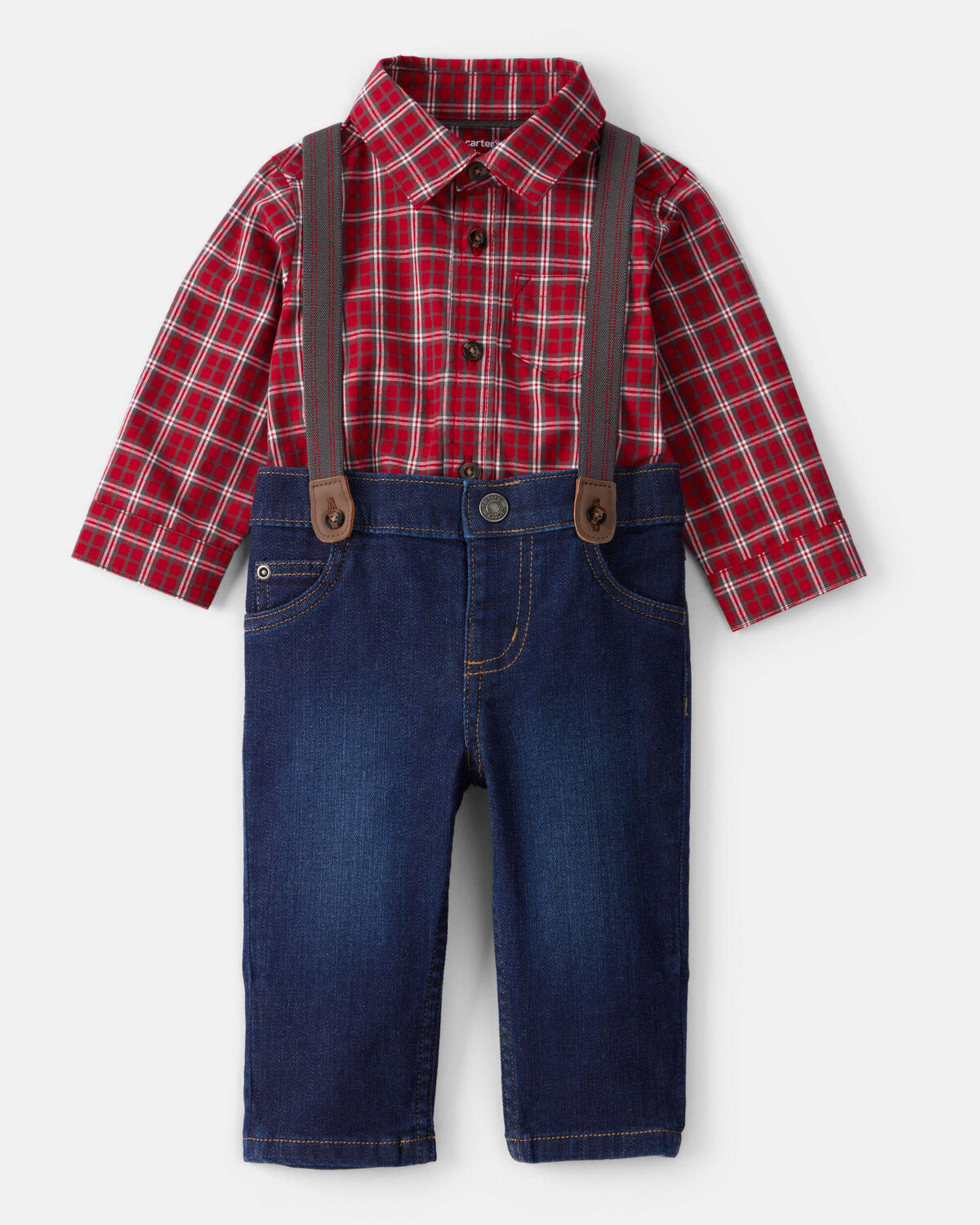 Baby Boy 3-Piece Plaid Print Long-Sleeve Shirt & Suspender Pant Set - Red/Denim | Carter's Inc