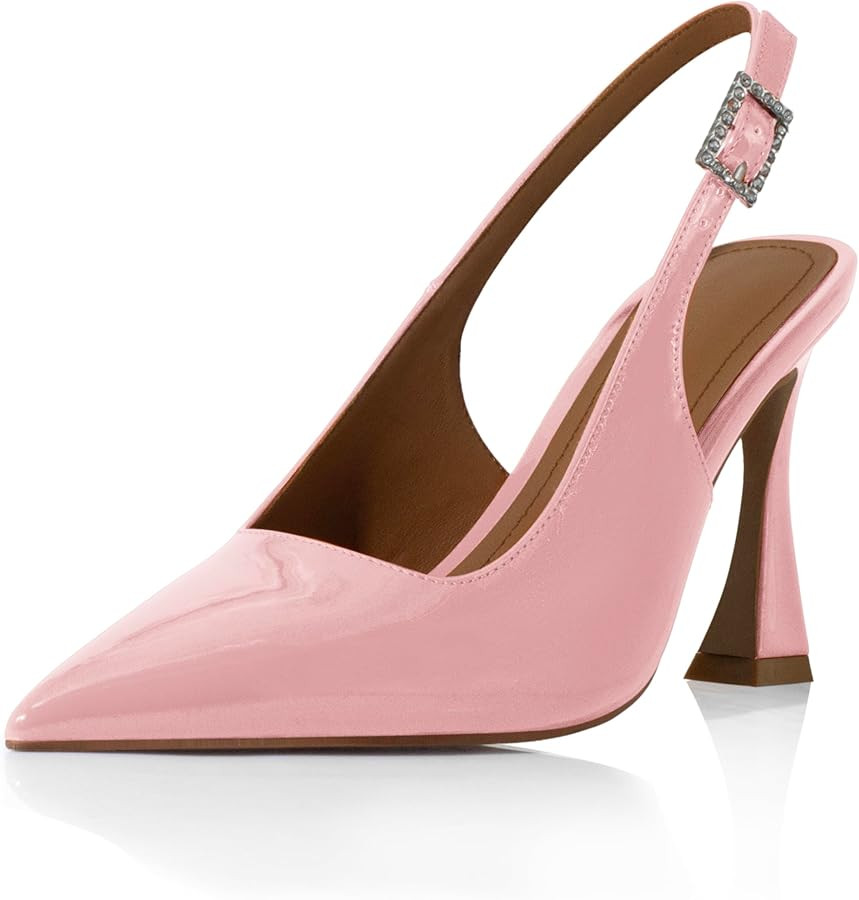 anteikira Women's Closed Toe High Spool Heel Buckle Slingback Pumps Patent Leather Stiletto Heels... | Amazon (US)