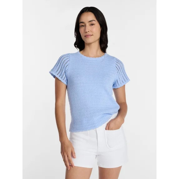 Time and Tru Women's Textured Crewneck Sweater with Short Sleeves, Lightweight, Sizes XS-XXXL | Walmart (US)