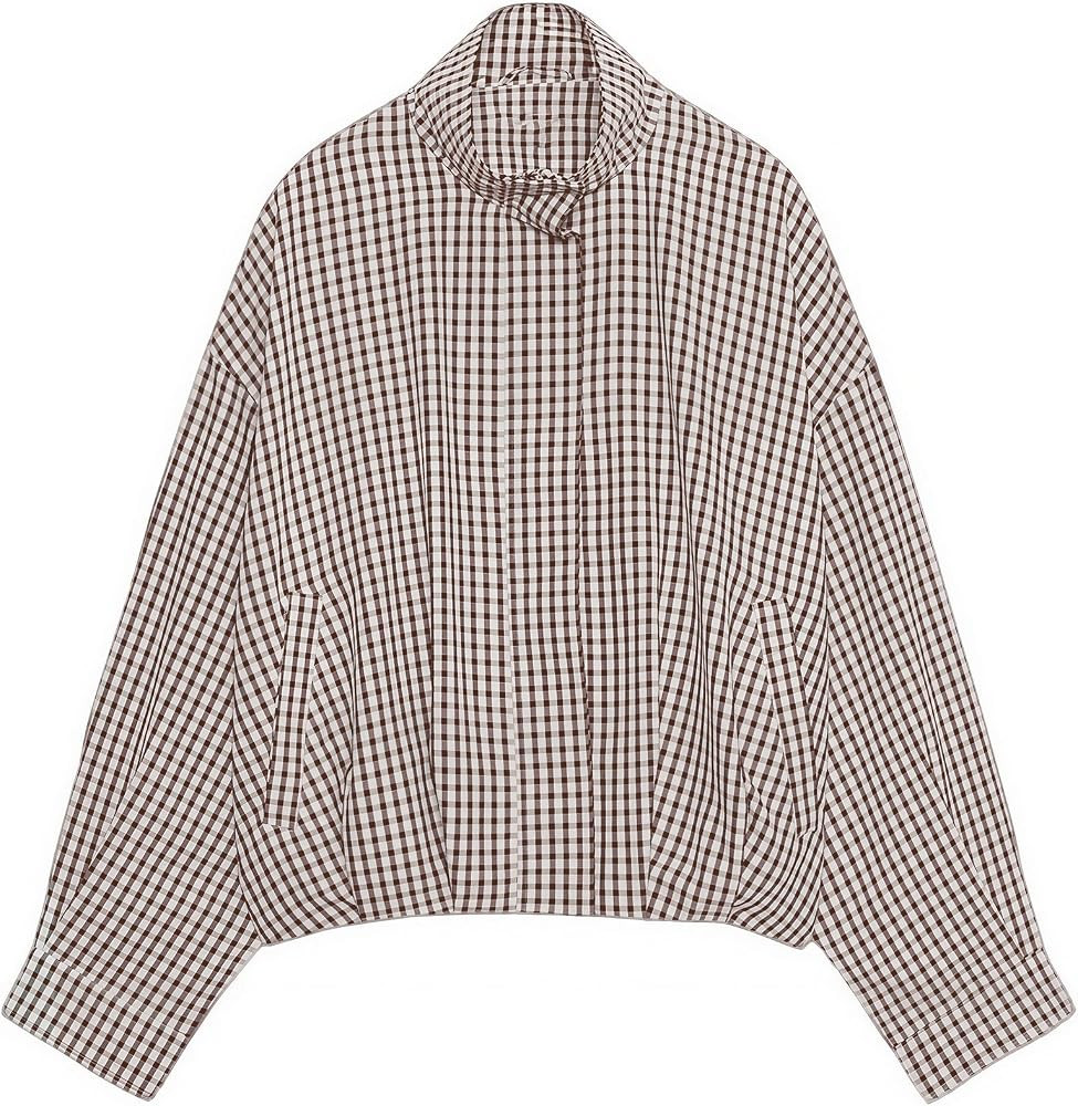 Womens Plaid Jacket Bomber Stand Collar Zip Up Coat with Pockets | Amazon (US)