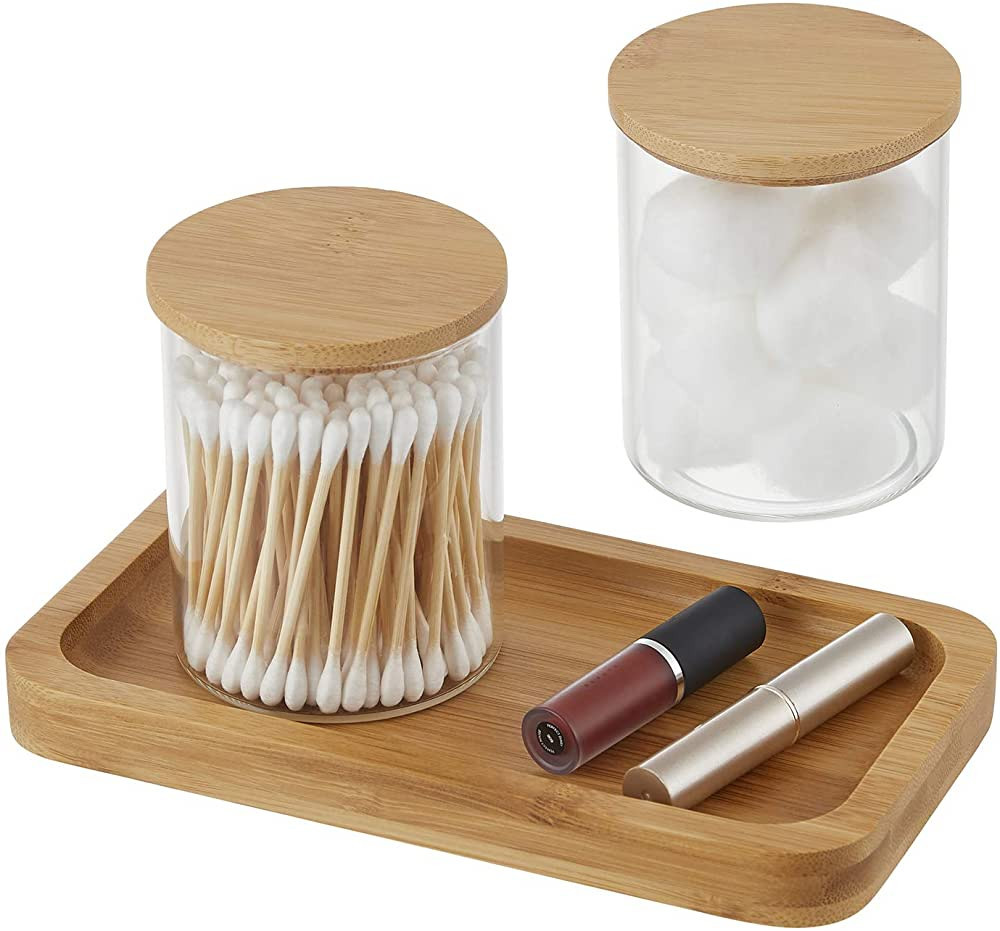 YININE Bamboo Vanity Tray, Bathroom Tray Organizer Glass Qtip Holder Dispenser Apothecary Jars for C | Amazon (US)