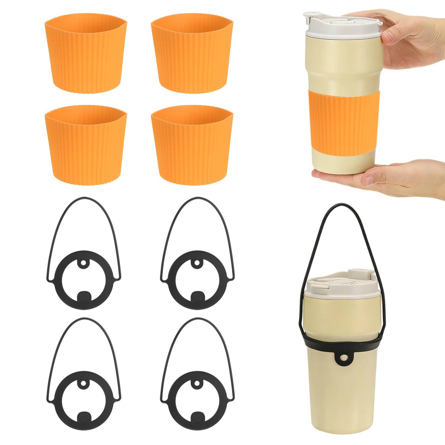 Unique Bargains - Silicone Cup Sleeve, 4pcs Coffee Sleeves with Black Handle Strap, Heat Resistant Reusable Nonslip for Coffee Tea Drinks - Orange | Best Buy U.S.
