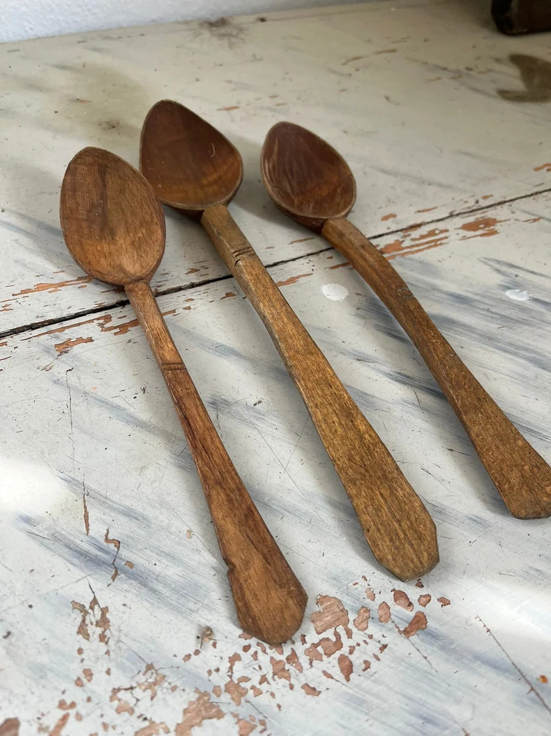 Set of 3 Vintage Hand Carved Wooden Spoons, Rustic Kitchen Decor, Primitive Food Photo Prop, Flat... | Etsy (CAD)