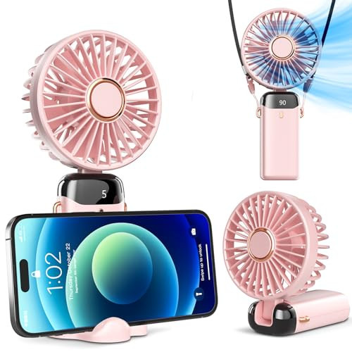 Koonie Portable Handheld Fan, Battery Operated Fan with Base, 8 Hours, Digital Display, 5 Speeds, 90° Ajustable, Rechargeable Mini Fan for Outdoor Indoor Pink | Amazon (US)