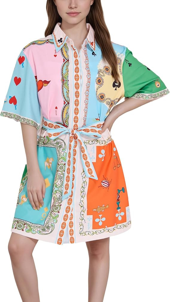 FOTN Belted Shirt Dresses for Women 2025 Point Collar Button Graffiti Mini Dress Casual Summer La... | Amazon (US)