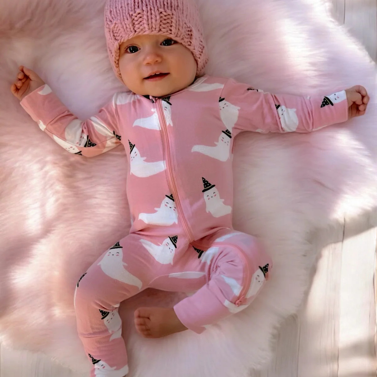 2-Way Convertible Zip Romper, Pink Ghost | SpearmintLOVE