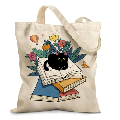Ialtsidws Bookish Cat Canvas Tote Bag - Cute Reading Cat Print Library Tote with Magnetic Snap Closure & Zipper Inner Pocket, Lightweight Book Lover Gift for Women, Work & Travel Essentials Bag | Amazon (US)