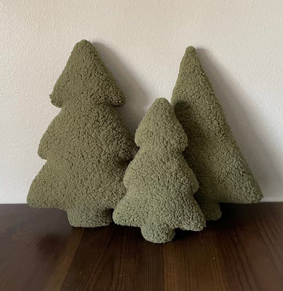 Tree Shaped Pillow in Olive Green Sherpa Fur on the Front and - Etsy | Etsy (US)