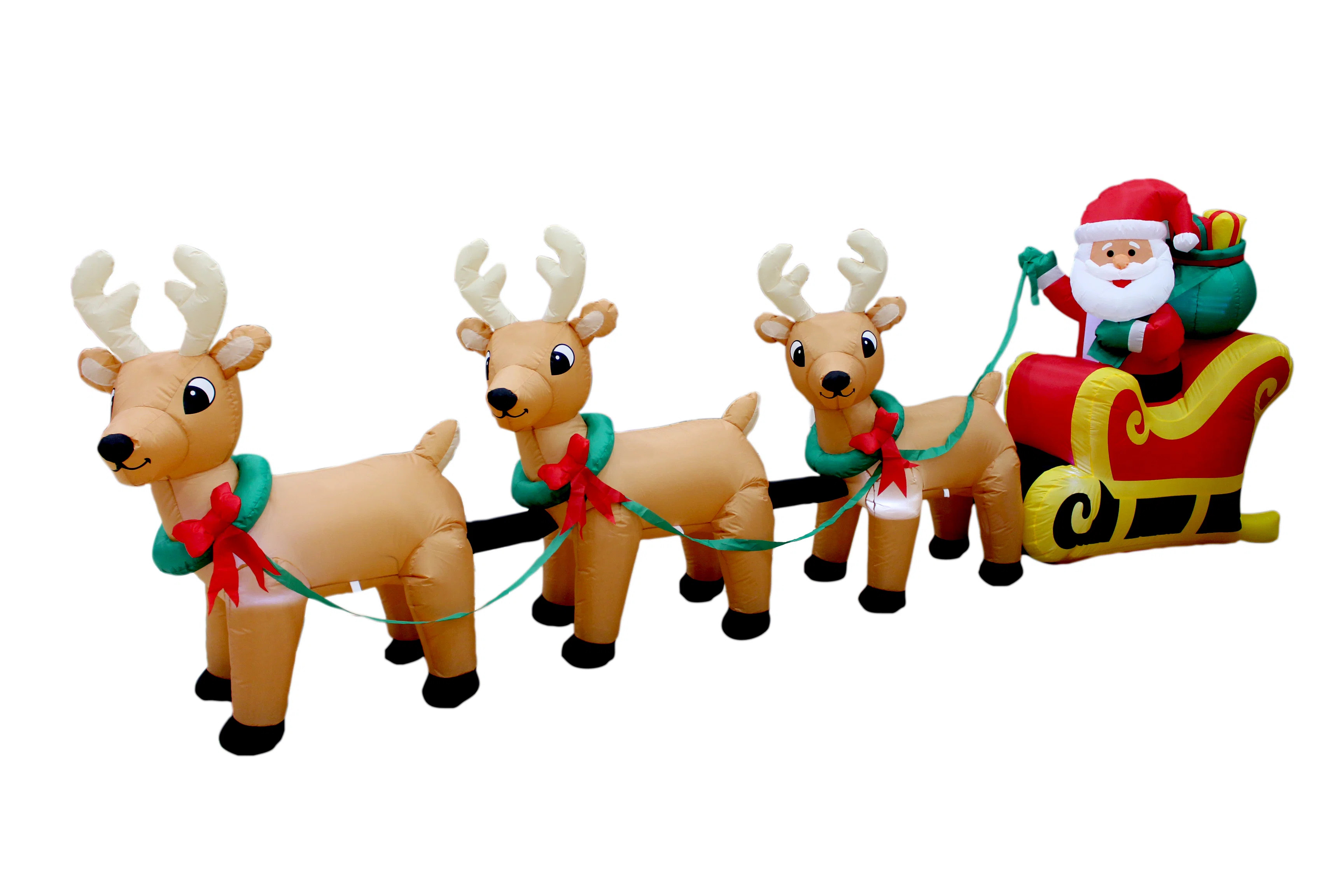 12 Foot Long Merry Christmas Lighted Inflatable  Santa Claus on Sleigh with 3 Reindeer Pulled by ... | Wayfair North America
