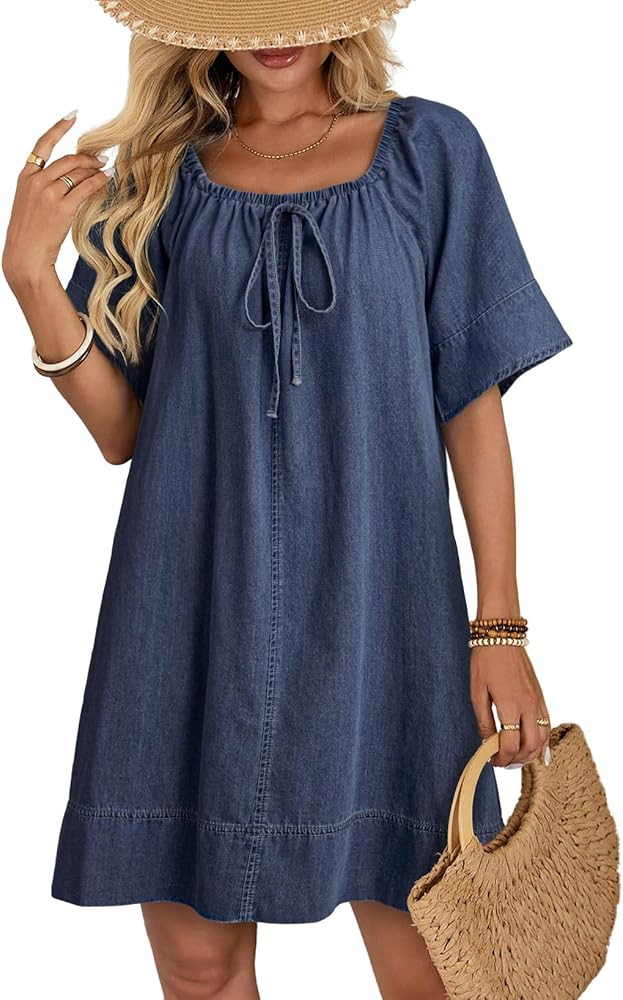Dokotoo Lightweight Flowy Denim Dress for Women 2026 Square Neck Short Sleeve Dresses Tie Knot Fr... | Amazon (US)