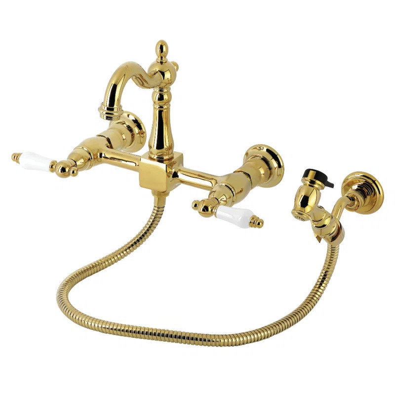 Kingston Brass Heritage Double-Handle 3-Hole Wall-Mount Bridge Kitchen Faucet With Brass Sprayer | Wayfair North America