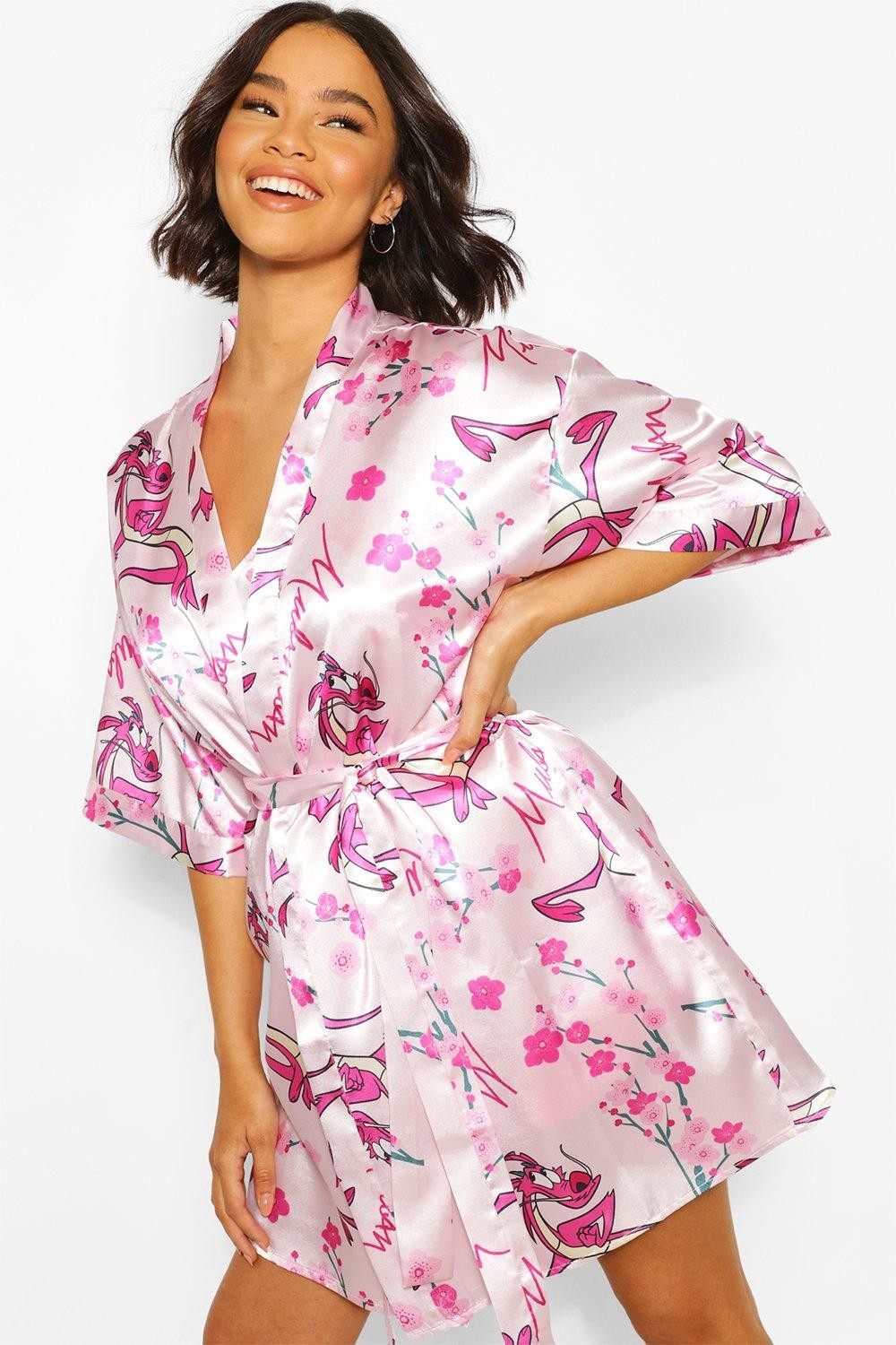 Womens Disney Mulan Satin Kimono Robe - Pink - 12 | Boohoo.com (US & CA)