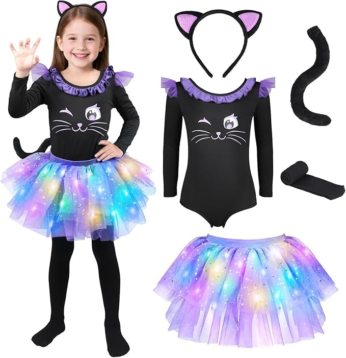 GIFTINBOX Cat Costume for Girls, Light Up Black Cat Costume, Halloween Animal Dress Up Costumes f... | Amazon (US)
