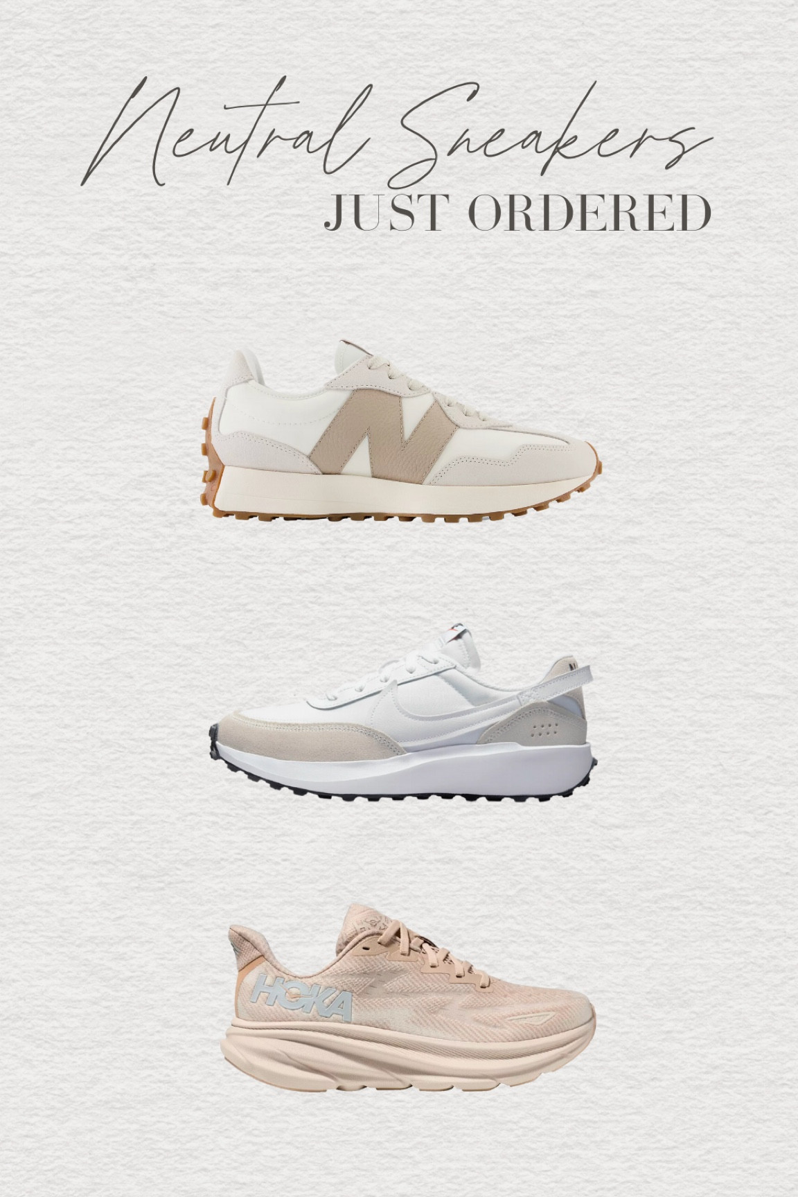 Neutral sneakers
Tan and white sneakers
Neutral hoka Clifton 9 running shoes
Neutral Nike waffle debut 
New balance 327 shoes white/tan

Back to school, workout outfit, fall sneakers, white tennis shoes

#LTKunder100 #LTKFitness #LTKshoecrush