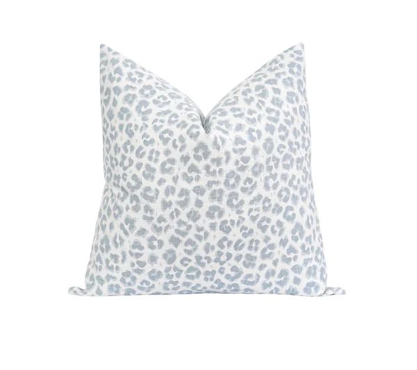 Ice Blue and White Linen Leopard Print Pillow | Land of Pillows