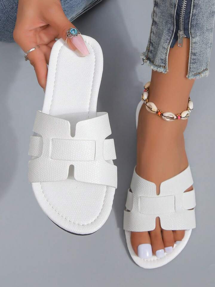 Women Lizard Embossed Flat Sandals, Elegant White Slide Sandals | SHEIN