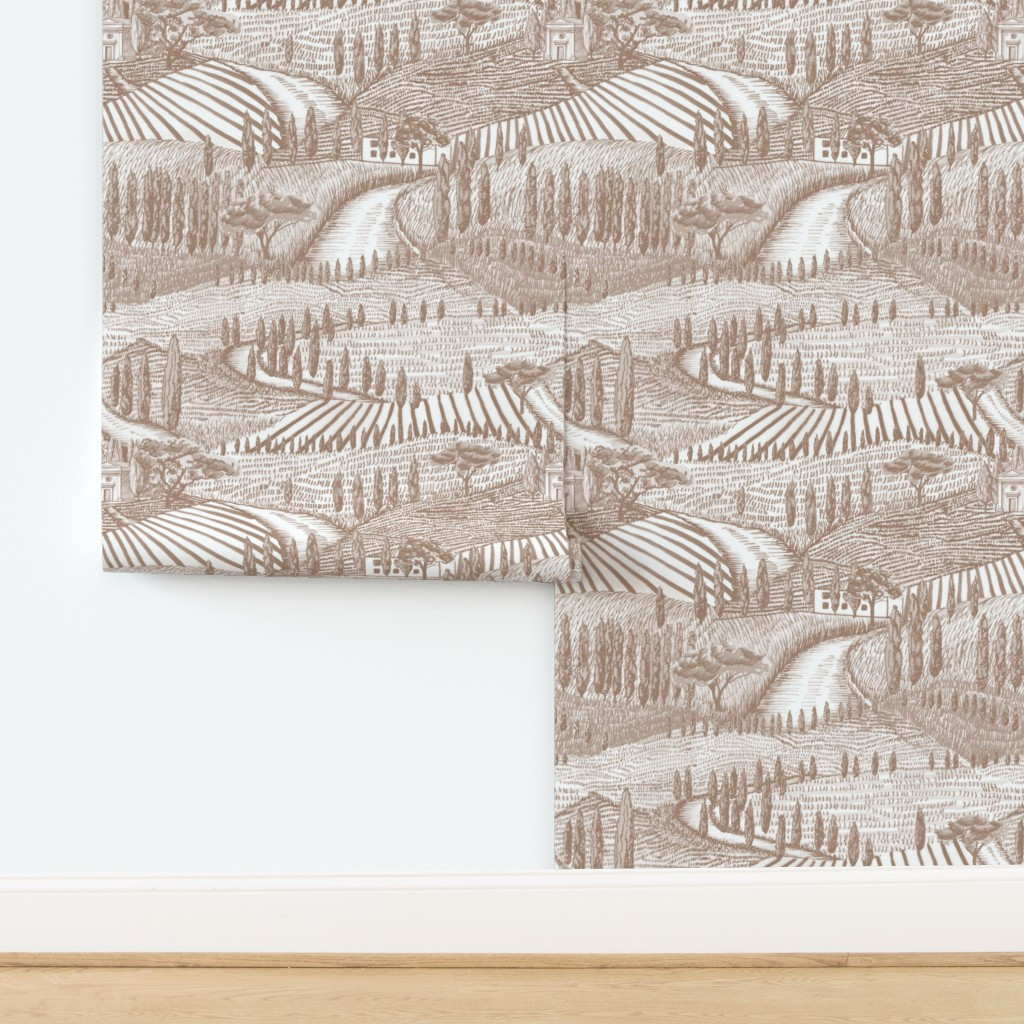 Wallpaper in Tuscan Landscape in mocha in modern toile style. | Spoonflower