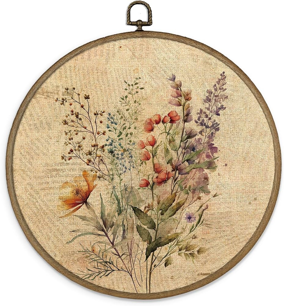 MAQIKA Boho Floral Framed Wall Art Decor, Vintage Floral Wall Art, Retro Wildflower Round Wall Ha... | Amazon (US)