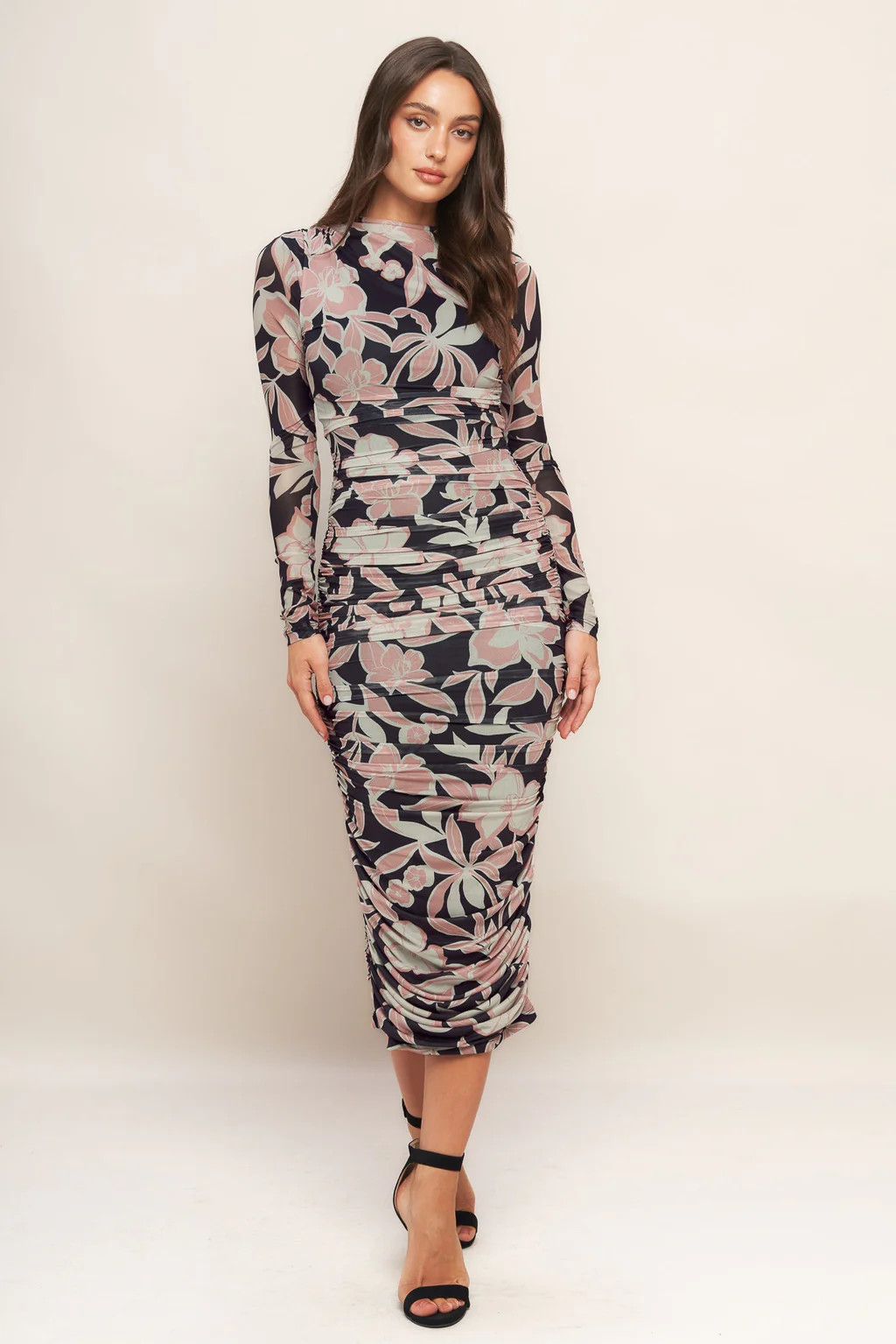 LONG SLEEVE BLACK FLORAL POWER MESH MIDI DRESS | Lady Black Tie