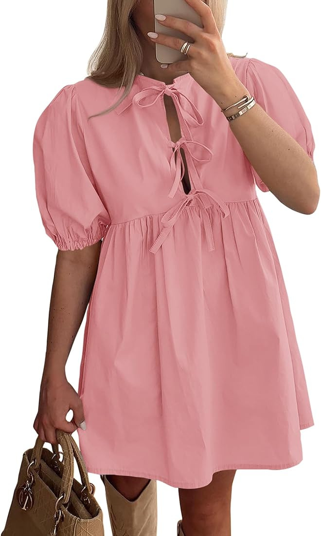 PRETTYGARDEN Womens Summer Casual Short Sleeve Dresses A Line Bow Tie Front Babydoll Loose Cute M... | Amazon (US)