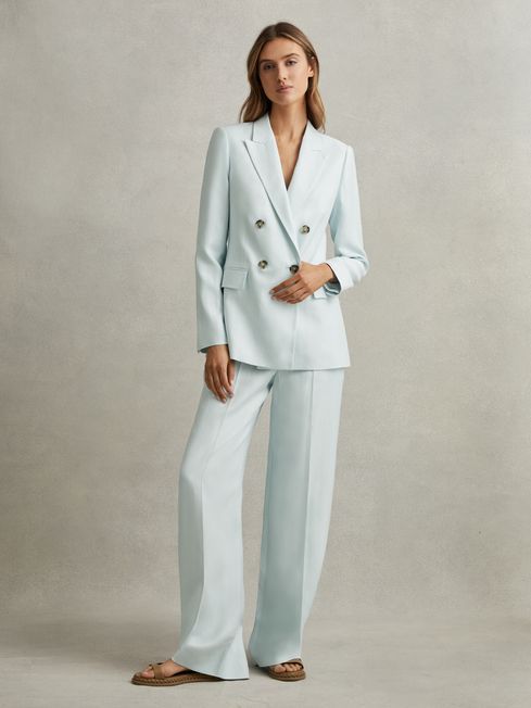 Reiss Blue Lori Viscose Linen Double Breasted Suit: Blazer | Reiss UK