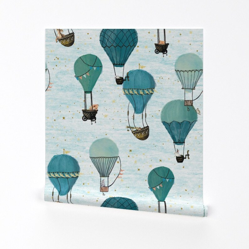 Hot Air Balloon Wallpaper Hot Air Balloon Animals by At_the_cottage Whimsical Removable Peel and ... | Etsy (US)