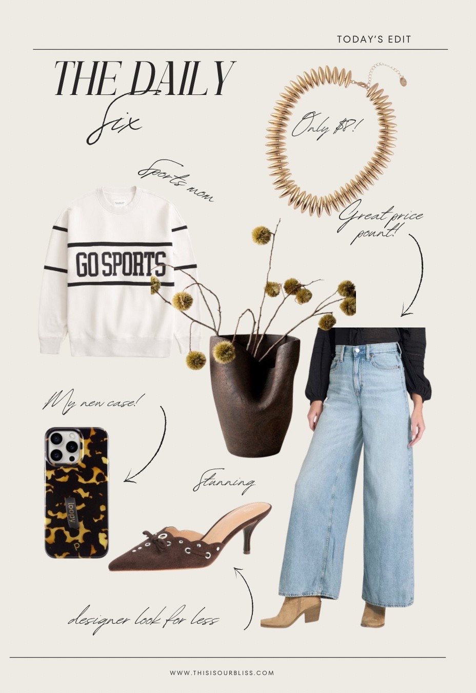 The daily 6️⃣! Today’s finds! 

- Go sports sweatshirt! // perfect for any and all teams you are cheering for this season
- prettiest $8 necklace!
- my new tortoise phone case with the loop on the back!
- gorgeous vase to put any of your fall stems in for your coffee table, kitchen, island or dining room table
- target wide leg jeans!
- under $25 suede mules for fall! Love the metal detail 

Target, target style, Walmart, Walmart, fashion, fall decor, Abercrombie, fall outfit, look for less



#LTKSaleAlert #LTKStyleTip #LTKFindsUnder50