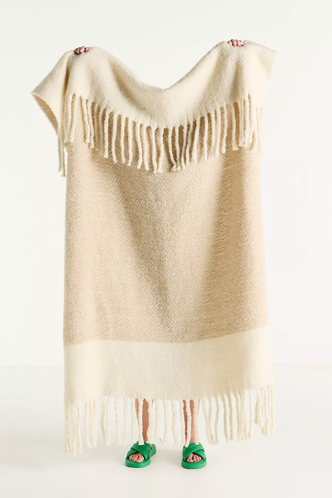 Laurie Herringbone Woven Wool Fringe Throw Blanket | Anthropologie (US)