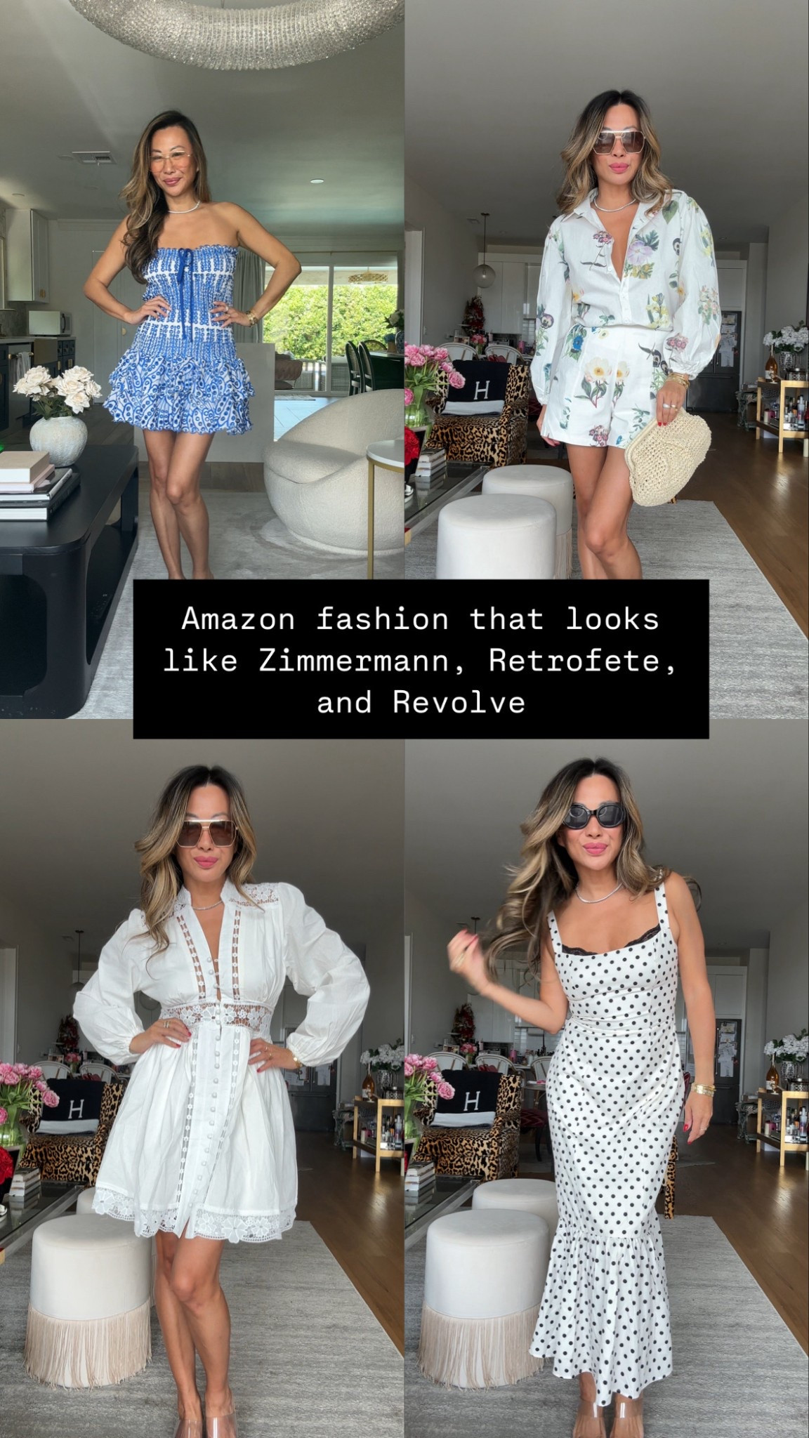 Amazon luxury looks for less, affordable summer outfits from Amazon, Retrofete, revolve, and Zimmermann similars. Wearing a small. Amazon fashion finds, travel outfits  
