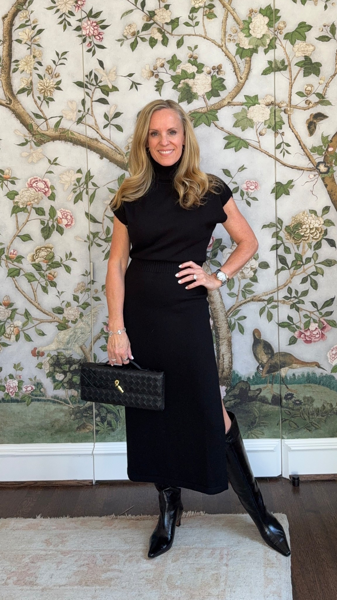 Ramy Brook black midi sweater dress 
Bottega Veneta Andiamo clutch 
Black boots with kitten heel 


#LTKSeasonal #LTKOver40 #LTKShoeCrush