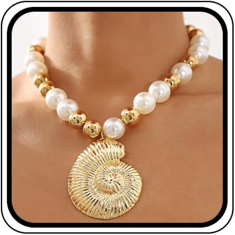 Chunky 14K Gold Pearl Conch Statement Necklace Exaggerated Large Round Balls Beaded Choker Seashe... | Amazon (US)