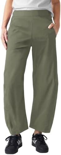 Womens Elastic Waist Ankle Pants Baggy Curved Tapered Leg Barrel Travel Pants with Pockets | Amazon (US)