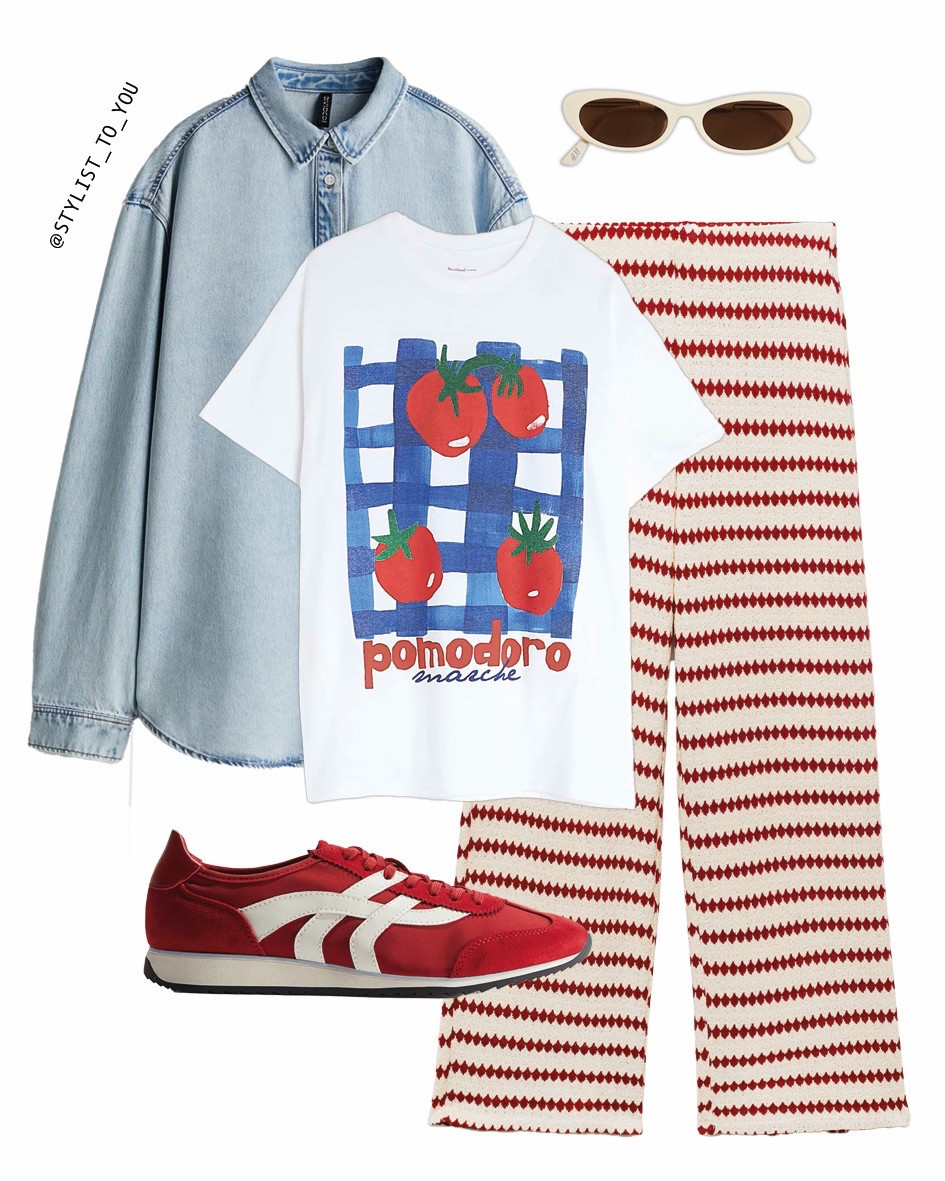 Red, ripe, and runway-ready 🍅

Flat lay of a stylish casual outfit including a white graphic t-shirt with tomato print and the text “pomodoro fresco,” red and cream horizontal textured jacquard striped wide-leg pants, red retro sneakers with white detailing, and white frame cat eye sunglasses. The outfit is vibrant, playful, and perfect for a trendy street style look. tomato motif graphic t-shirt, pomodoro fresco, graphic tee, striped pants, wide-leg trousers, red sneakers, retro sneakers, cherry earrings, hoop earrings, fruit fashion, casual outfit, street style, flat lay fashion, outfit inspiration, cool girl style, bold accessories, mesh crossbody bag, black purse, vintage vibes, playful outfit, summer look, quirky fashion, fun accessories, laid-back style, aesthetic outfit, colorful sneakers, fashion flatlay, Instagram outfit, outfit of the day, OOTD, trendy girl look, creative fashion, everyday outfit, cute casual style, outfit inspo, minimalist chic, statement earrings, sporty chic, comfy and cute, Italian-inspired fashion

#LTKuk #LTKsummer #LTKeurope