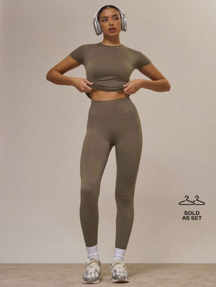 Musera Sport Sculpt Fitted Short Sleeve Top And Leggings Set Co-Ord Active Sports Workout Fall Autumn Cute Cinnamon Swirl | SHEIN
