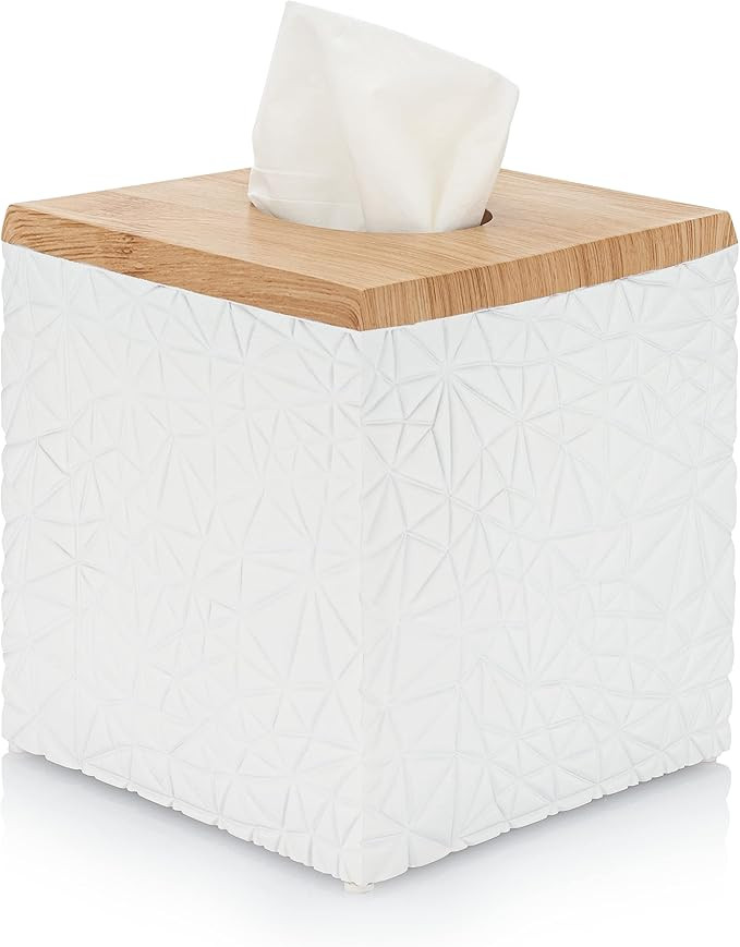 Essentra Home Square Tissue Box Cover – Matte White with Wood Print Top – Modern Cube Tissue ... | Amazon (US)