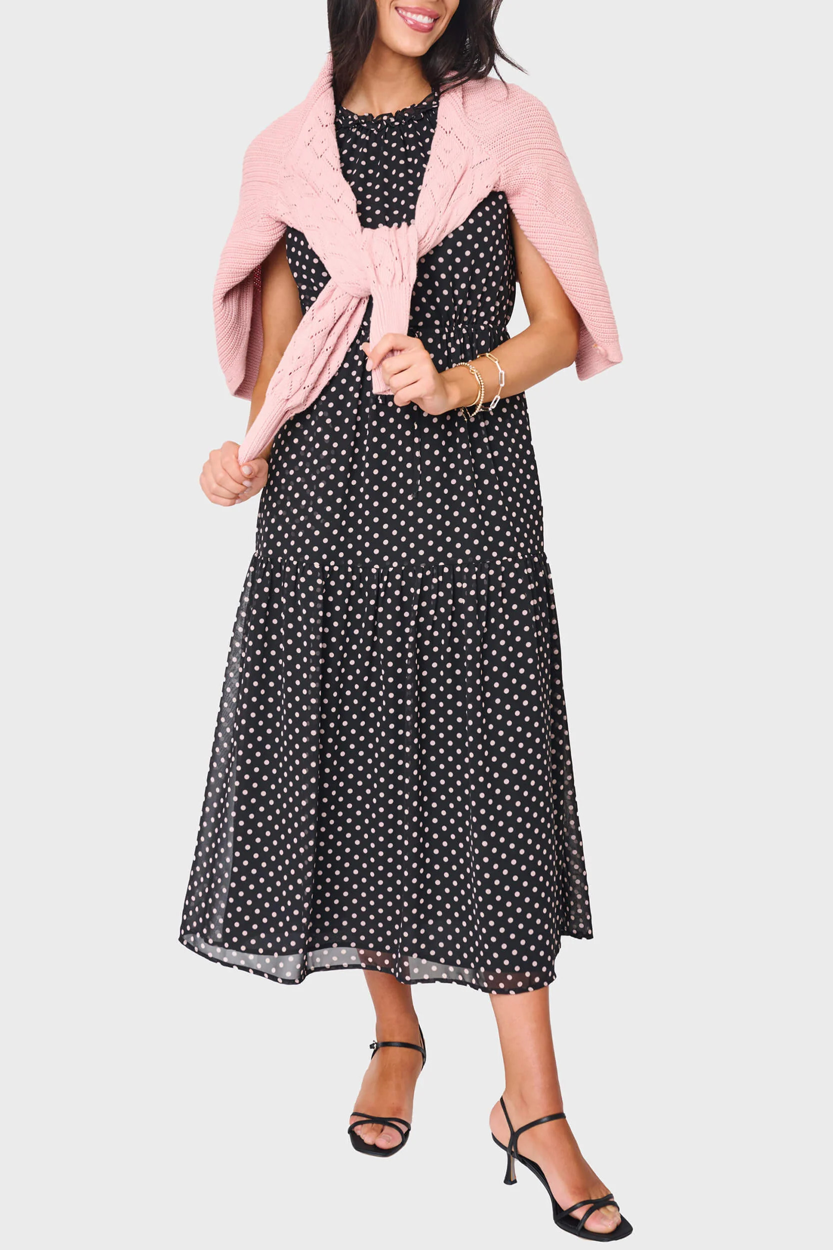 Khloe Polka Dot Chiffon Maxi Dress | Ruffle Halter Evening Dress | Gibson