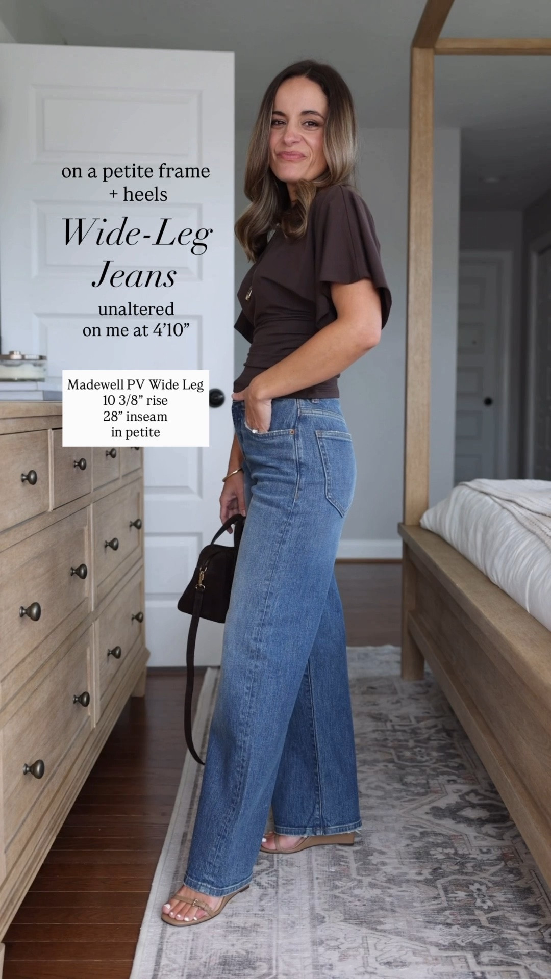 For the short gals who want the look of “legs for days” three wide leg jeans that pair nicely with a heel for a nice leg lengthening effect! 

Outfit 1 
MW Perfect Vintage Wide Leg: petite 24 in Harvey Wash / 10 3/8” rise / 28.5” inseam ( Corrected from my initial review, sorry for the confusion. This wash runs a little longer than other washes of these jeans). 
Brown top (Abercrombie): xxs 

Outfit 2 
Levi’s Low Loose: 24 x 30” / 9 1/8” rise / 30” inseam 
Top (Anthropologie): xxs 

Outfit 3 
Gap Stride Wide Leg: petite 24 in dark wash jeans/ 10.5” rise / 29” inseam (these also come in an ankle style with a shorter inseam that may work better for some petites) 
Top (Ann Taylor): petite xxs (link shows black top, click for green) 

Size comparison: 32”, 24”, 36” with a 25” ankle inseam and a 27.5-28” full length inseam

#LTKPetite