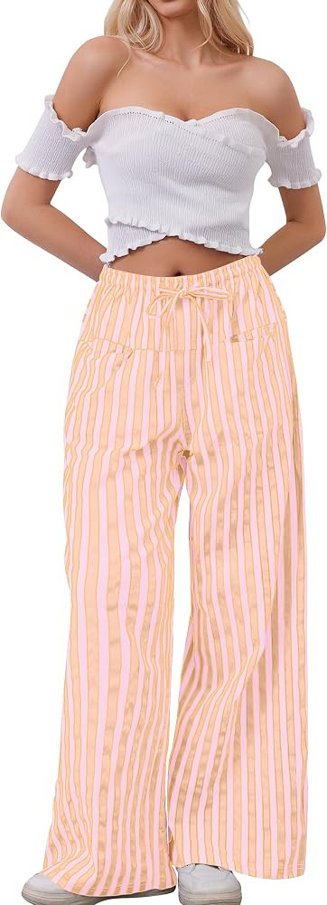 Women Drawstring Stripe Wide Leg Casual Trousers Striped Low Rise Casual Loose Lounge Pants with ... | Amazon (US)