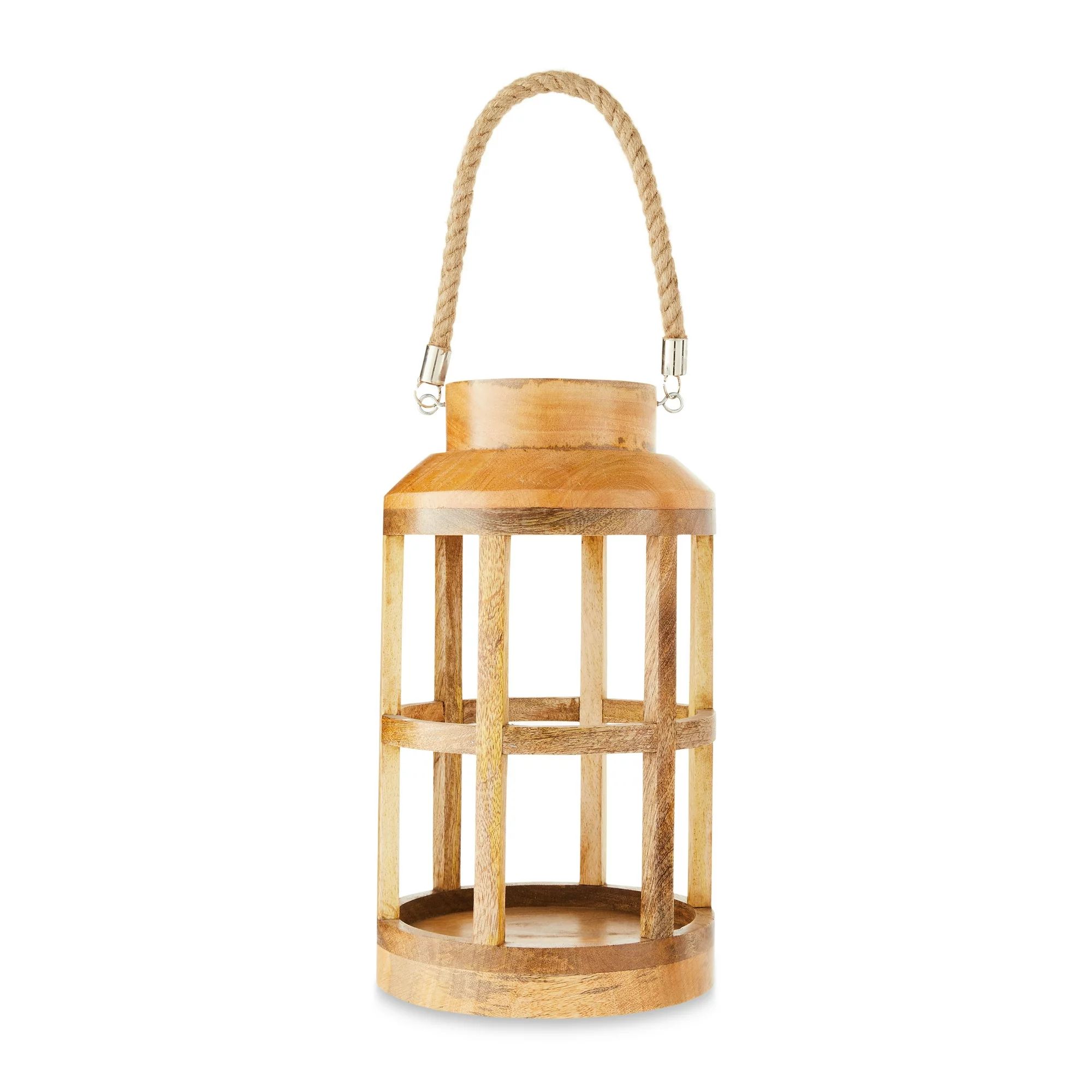 14 in Wood Round Lantern in Natural Finish with Jute Handle, by Holiday Time - Walmart.com | Walmart (US)