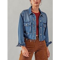 Frayed Hem Jean Jacket Crop Boxy Fit Vintage Oversized Cargo Pockets White Blue Denim Basic All Seasons Easter Gift Y2K Summer | Etsy (US)