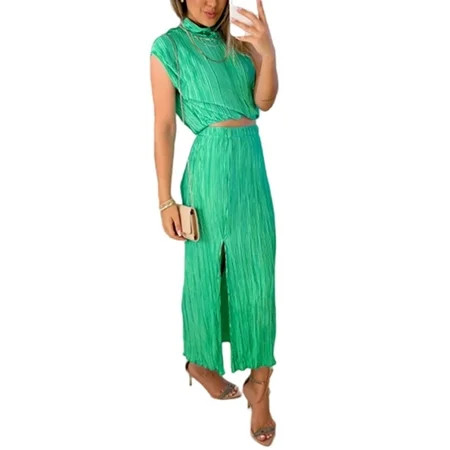 Niuer Ladies 2 Piece Outfits Solid Color Skirt Set Side Slit Suit Ruched Suiting Sleeveless Crop Top | Walmart (US)