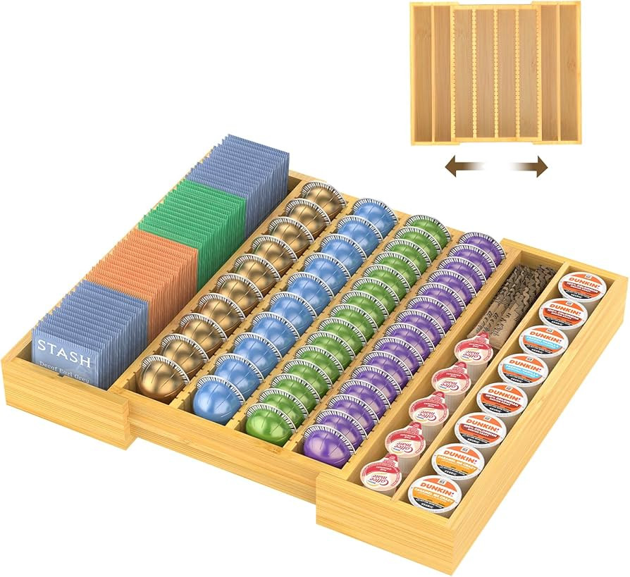 Bamboo Coffee Pod Storage Holder Drawer Insert, Expandable Coffee Pods Organizer for Counter, Com... | Amazon (US)