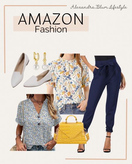 Amazon work outfit ideas! Business casual attire! Dark blue dress pants, floral work tops and blouses, gold earrings, ballet flat work shoes, and yellow handbag purse bag!! Best selling gold earrings. Amazon fashion! Amazon trends!

#LTKfindsunder100 #LTKworkwear #LTKstyletip