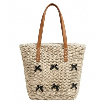 Alilang Woven Crochet Tote Bag with Bow Detail Leather Strap Shoulder Handbag Lightweight Knit Large Tote - Light Beige | Target