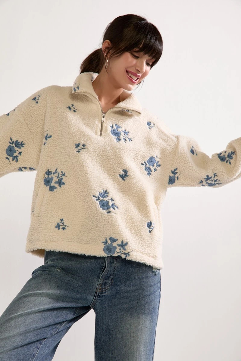 Angelica Embroidered Sherpa Quarter Zip Jacket | Francesca's
