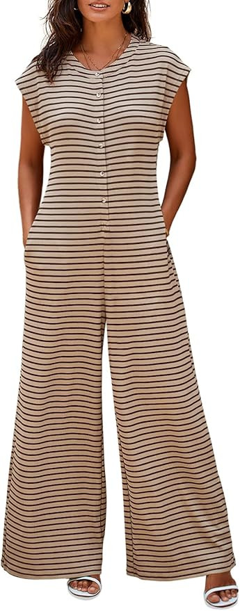 Cicy Bell Womens Casual Striped Jumpsuits Wide Leg Cap Sleeve Summer Jumper Crew Neck Button Down... | Amazon (US)